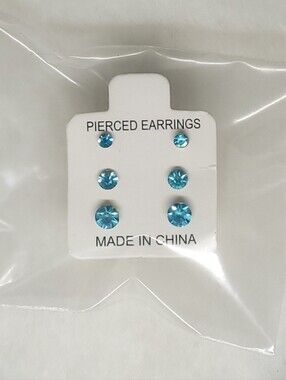 $1 | Blue | Multi‑Size 3‑Pair Rhinestone Stud Earring Set